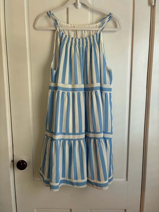Entro Dresses & Skirts - Entro Blue and White Striped Sleeveless Tiered Midi Dress